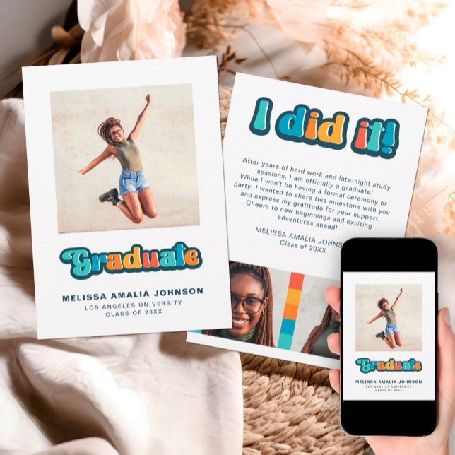 Retro Groovy färg 3-fotomeddelande Studenten Inbjudningar (Skapare uppladdad)