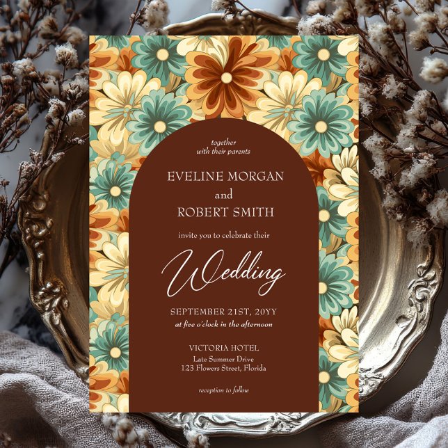 Retro groovy, färgad blomma Arch bröllop Inbjudningar (retro groovy colorful flowers wedding invitation)