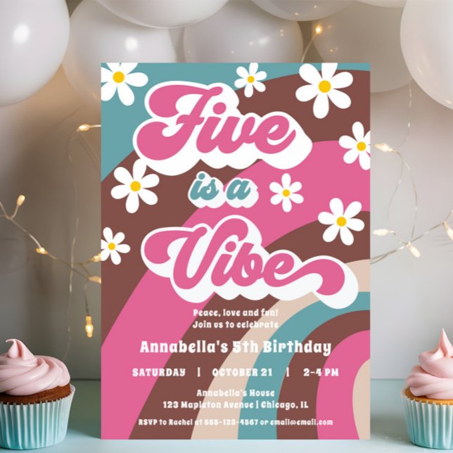 Retro Groovy FIVE är en Vibe 5:e födelsedagsfest Inbjudningar (Skapare uppladdad)
