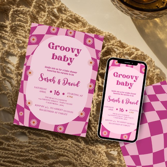 Retro Groovy Flicka | Blommigt 70s babystövel Inbjudningar (Skapare uppladdad)