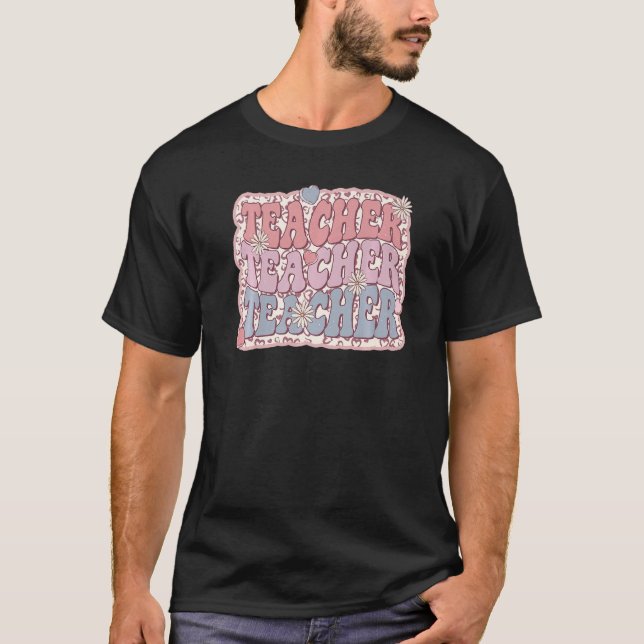 Retro Groovy Floral Teacher Valentines Day Mens Wo T Shirt (Framsida)