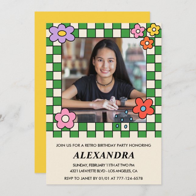 Retro Groovy Flowers 14-årsinbjudningar Inbjudningar (Fram/baksida)