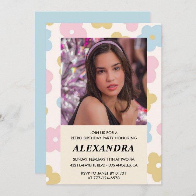 Retro Groovy Flowers Cute, 14:e födelsedag Inbjudningar (Fram/baksida)