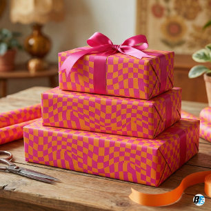Retro Groovy Förvrängd Rutig Hot Pink Orange Presentpapper