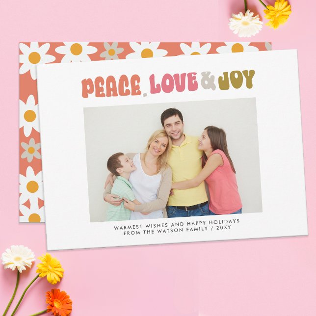 Retro Groovy Fred Kärlek Glädje Typografi Foto Julkort (Retro Groovy Peace Love Joy Typography Photo Holiday Card)