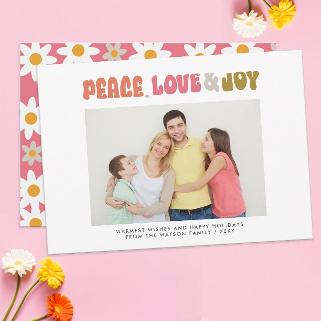 Retro Groovy Fred Kärlek Glädje Typografi Foto Julkort (Retro Groovy Peace Love Joy Typography Photo Holiday Card)