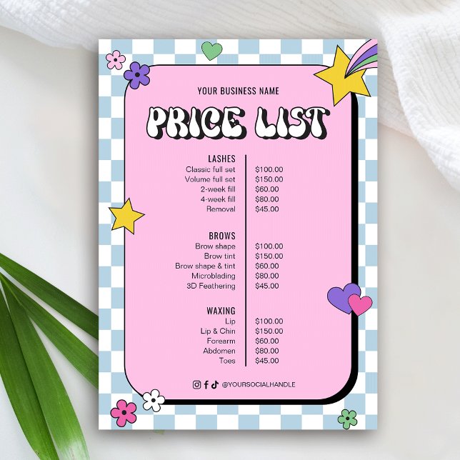 Retro Groovy Girly Rosa Beauty Salon Pris List (Trendy retro style  business price list design with groovy fonts, checkered blue and pink background)