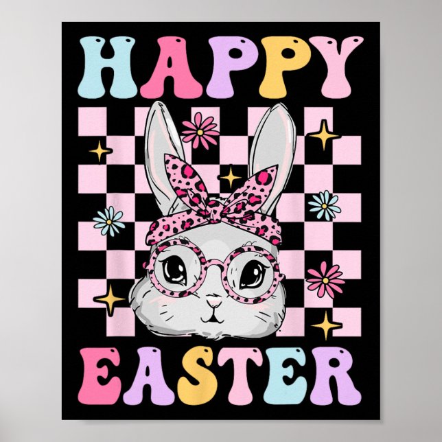 Retro Groovy Glad Påsk Kanin Rutig För Kvinnor Poster (Framsidan)