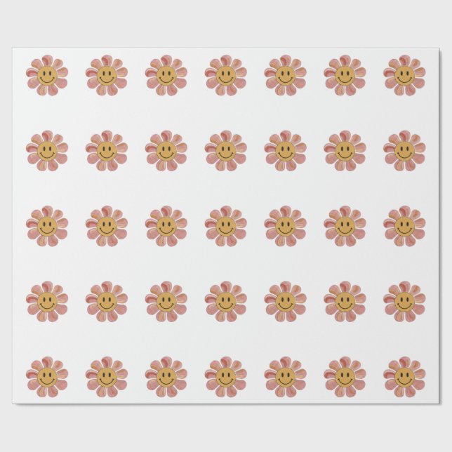 Retro Groovy Glad Smiley Ansikte Blomma Pastell 70 Presentpapper (Platt)