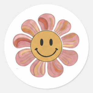 Retro Groovy Glad Smiley Ansikte Blomma Pastell 70 Runt Klistermärke