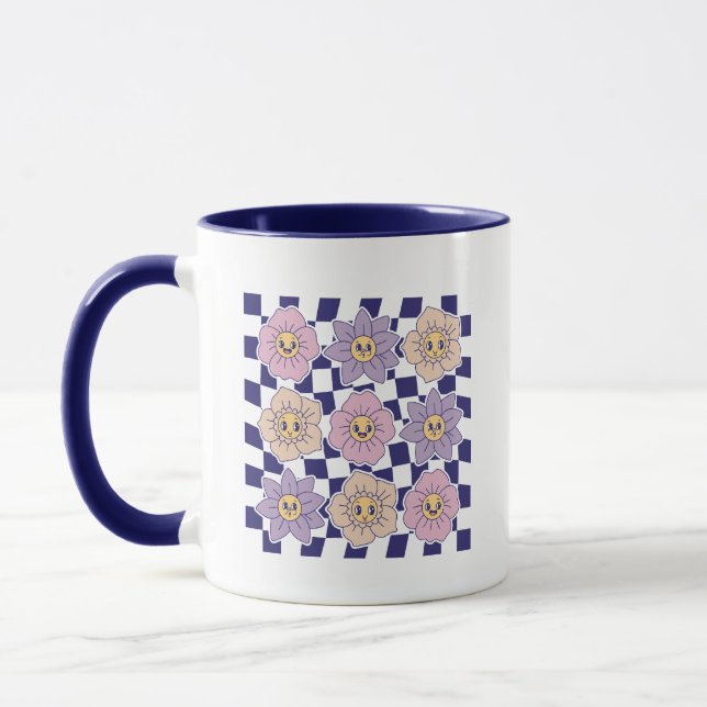Retro Groovy Glad Smiley Blomma Rutig Estetik  Mugg (Vänster)