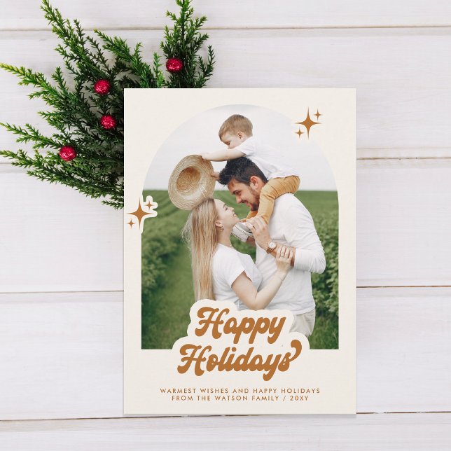 Retro Groovy God Jul Typografi Foto Julkort (Retro Groovy Happy Holidays Typography Photo Holiday Card)