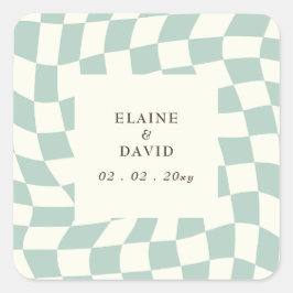 Retro Groovy Grönt Checkerboard Bröllop Fyrkantigt Klistermärke