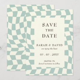 Retro Groovy Grönt Checkerboard Bröllop Spara Datumet