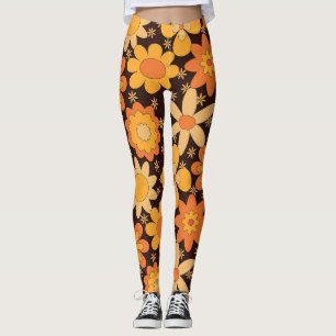 Retro Groovy Gula och Orange Blommor  Leggings
