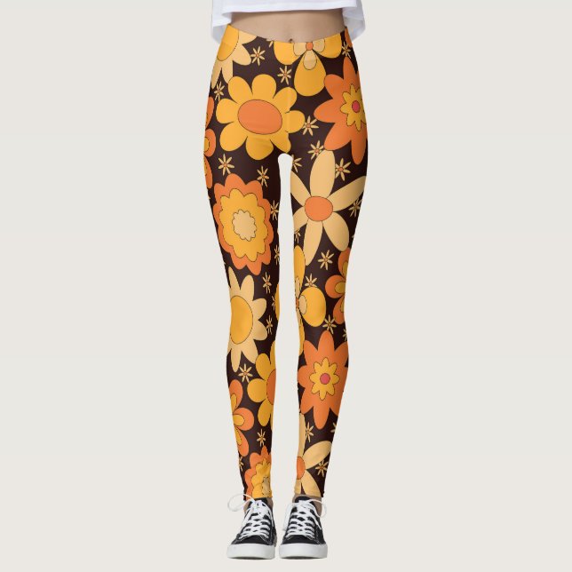 Retro Groovy Gult- och Orange Flowers Leggings (Framsida)