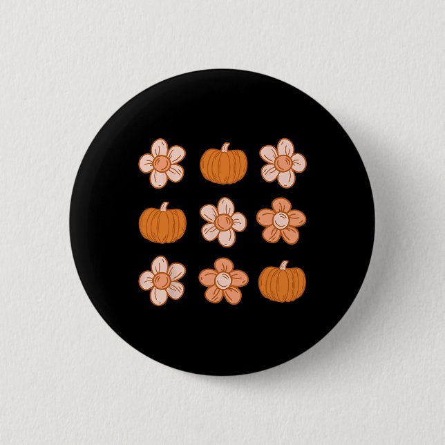 Retro Groovy Halloween Fall Hippie Pumpkin Blommig Knapp (Framsida)