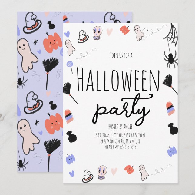 Retro Groovy Halloween fest Vintage Doodles Inbjudningar (Fram/baksida)