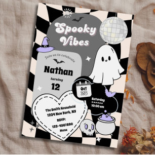 Retro Groovy Halloween Födelsedag Spöklik Andetag Inbjudningar