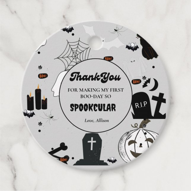 Retro groovy Halloween första födelsedagsår Tack Gåvor Etiketter (Framsida)