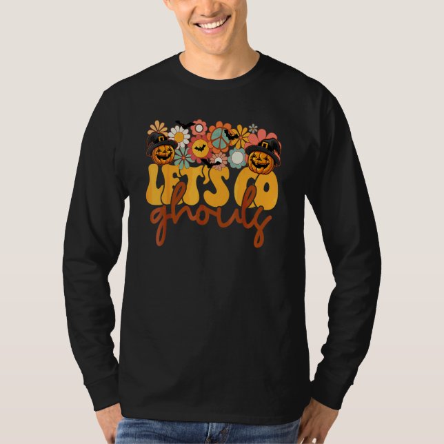 Retro Groovy Halloween Låt Oss Gå Ghouls Boho Blom T Shirt (Framsida)