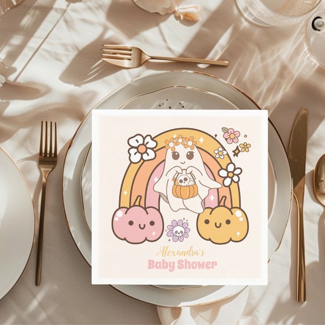 Retro Groovy Halloween Little Boo Baby Shower Pappersservett (Skapare uppladdad)