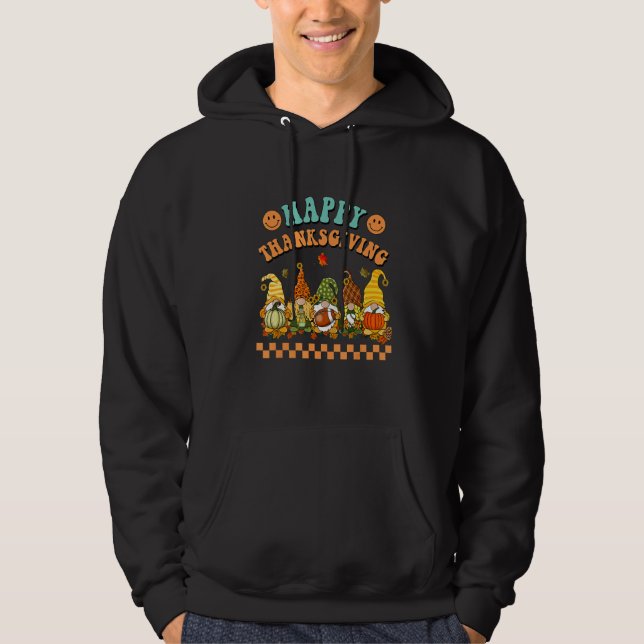 Retro Groovy Happy Thanksgiving Fall Gnomes Pumpki Hoodie (Framsida)