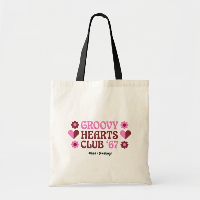  Retro Groovy Hearts Club '67 Pink Brown Valentine Tygkasse (Framsidan)