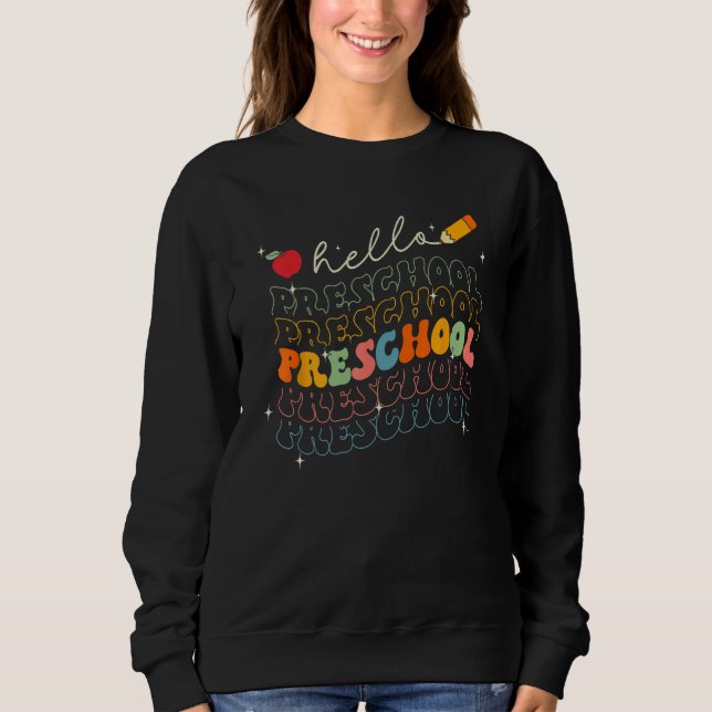 Retro Groovy Hello Preschool Teacher Pupil Back To T Shirt (Framsida)
