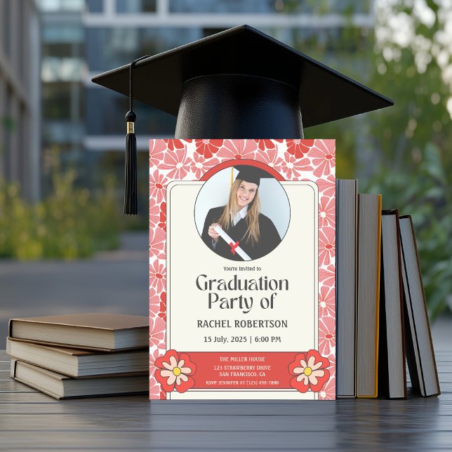 Retro Groovy Hippie Blommig Foto Examen Inbjudningar (Groovy graduation retro invitation)