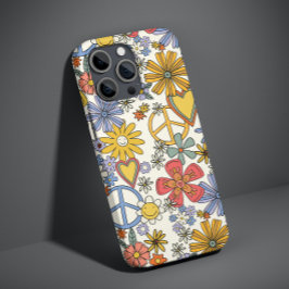 Retro Groovy Hippie Blommor Hjärtan