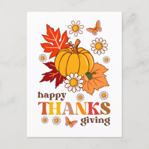 Retro Groovy Hippie Daisy Pumpkin Thanksgiving Vykort