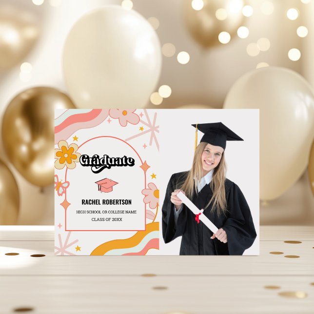 Retro Groovy Hippie Examen Foto Examen Kort (Retro Groovy Hippie Graduate Photo Graduation Announcement)