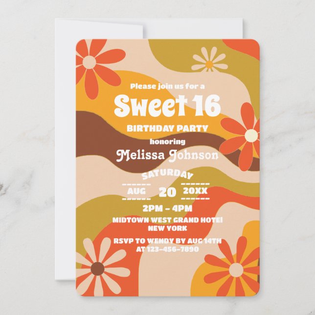 Retro Groovy Hippie Flower Sweet 16 Inbjudningar (Framsida)