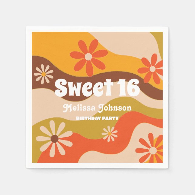 Retro Groovy Hippie Flower Sweet 16 Pappersservett (Framsidan)