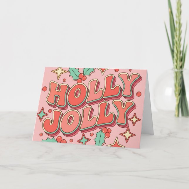 Retro Groovy Holly Jolly Merry Christmas Helgkort (Framsida)
