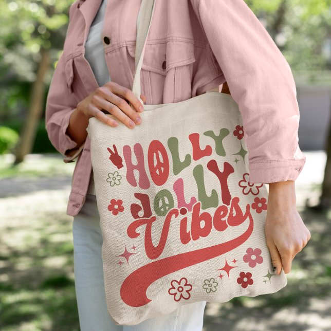 Retro Groovy Holly Jolly Vibes Helgdag Photo Tygkasse (Retro Groovy Holly Jolly Vibes Holiday Photo Tote Bag)