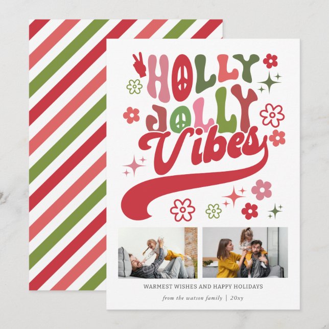 Retro Groovy Holly Jolly Vibes Typografi 2 Foto Julkort (Fram/baksida)