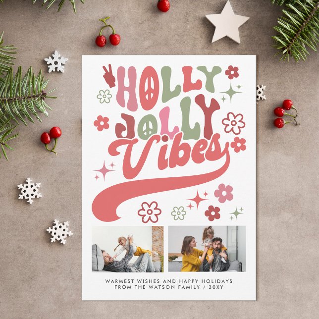 Retro Groovy Holly Jolly Vibes Typografi 2 Foto Julkort (Retro Groovy Holly Jolly Vibes Typography 2 Photo Holiday Card )