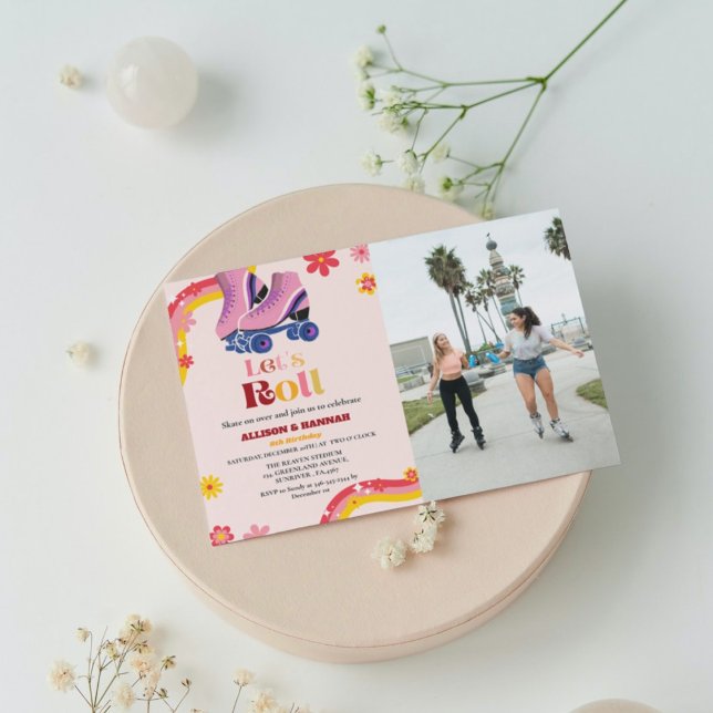 Retro groovy Ice Skating Twin Birthday låt oss rol Meddelande (Skapare uppladdad)