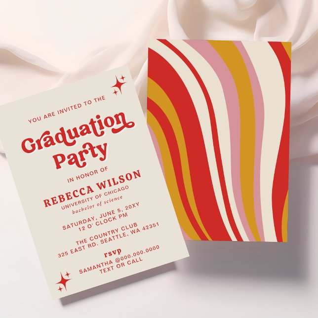 Retro Groovy Ivory Red 70s Studentfest Inbjudningar (Retro Groovy Ivory Red 70s Graduation Party Invitation)