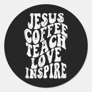 Retro Groovy Jesus Coffee Teach Kärlek Inspire Fun Runt Klistermärke