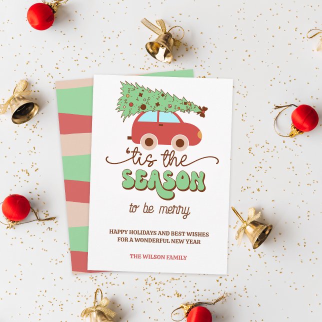 Retro Groovy Julgran bil Tis säsong (Retro Groovy Christmas Tree Car Tis the Season Holiday Card)
