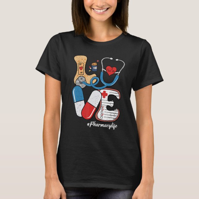 Retro Groovy KÄRLEK Stethoscope Pill Pharmacy Life T Shirt (Framsida)