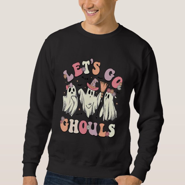 Retro Groovy Låt Oss Gå Spöken Halloween Spöke Out Lång Ärmad Tröja (Framsida)
