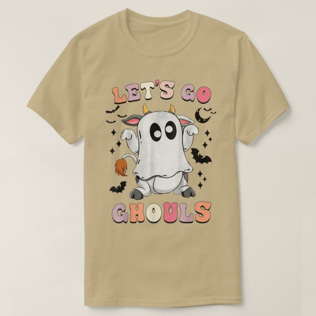 Retro Groovy Låt oss Go Ghouls Halloween Ghost Cow T Shirt (Design framsida)