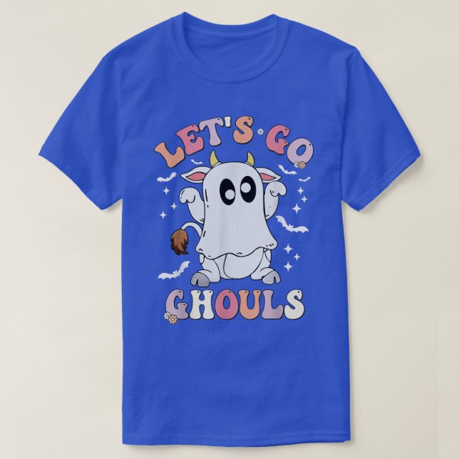 Retro Groovy Låt oss Go Ghouls Halloween Ghost Cow T Shirt (Design framsida)
