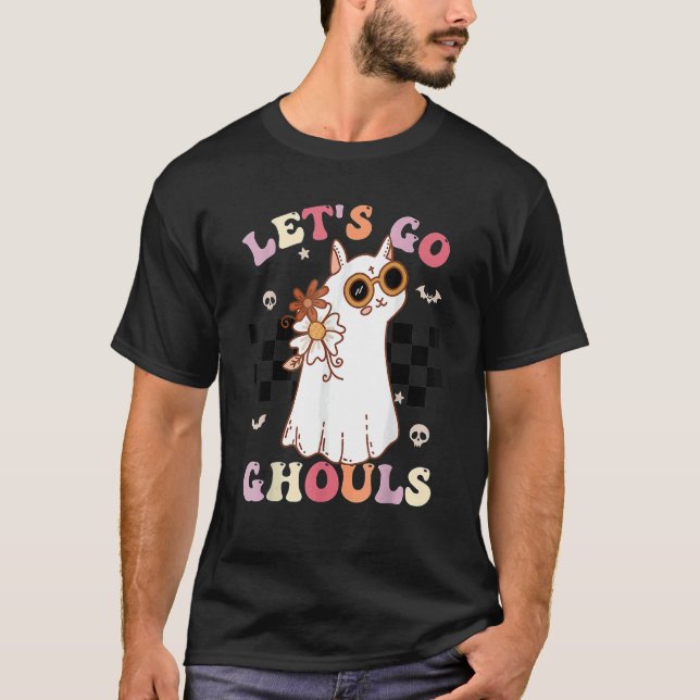 Retro Groovy Let's Go Ghouls Halloween Ghost Cat C T Shirt (Framsida)