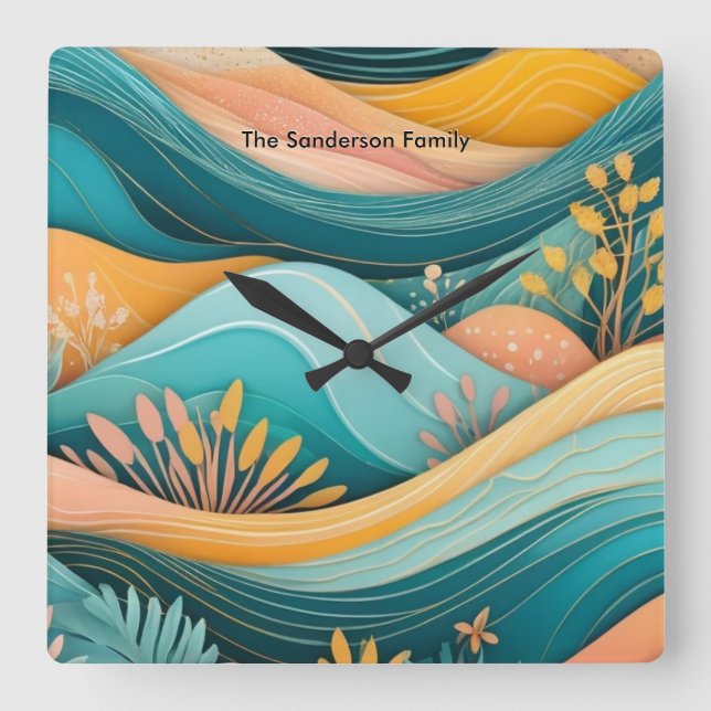 Retro Groovy liggande Snyggt monogrammad Fyrkantig Klocka (Framsida)