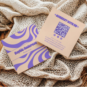 Retro Groovy Lila Abstrakt med QR-kod Fyrkantigt Visitkort